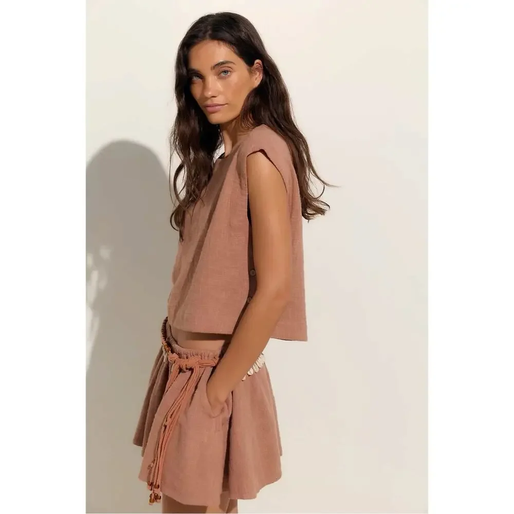 Free People Bohemian Beachy Neutral Skye Mini Skirt & Top Set Latte Small NWT